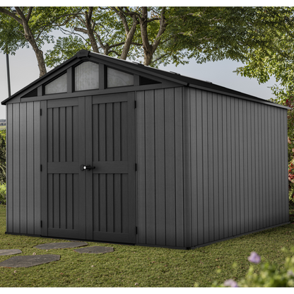 Stronghold 10x11.5ft Premium Outdoor Storage Shed – 3m x 3.5m Grey Resin Garden Shed