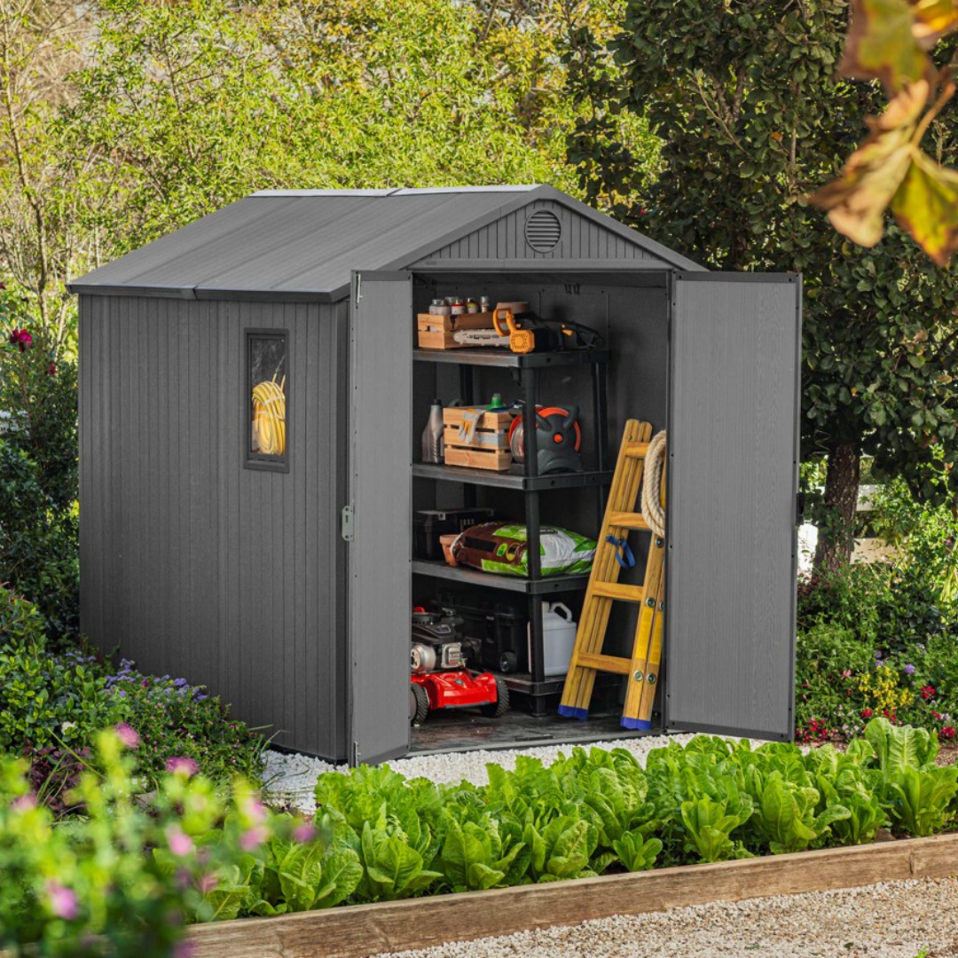 Darwin 6x8ft Premium Outdoor Garden Shed – 1.9m x 2.4m Grey Resin Storage Shed