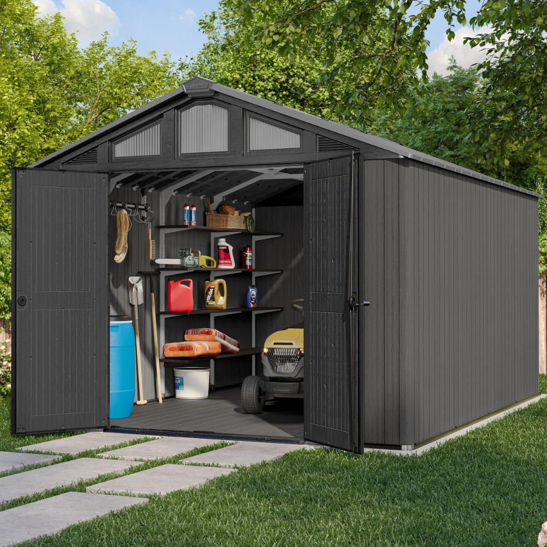 Stronghold 10x15ft Premium Outdoor Storage Shed – 3m x 4.5m Grey Resin Garden Shed